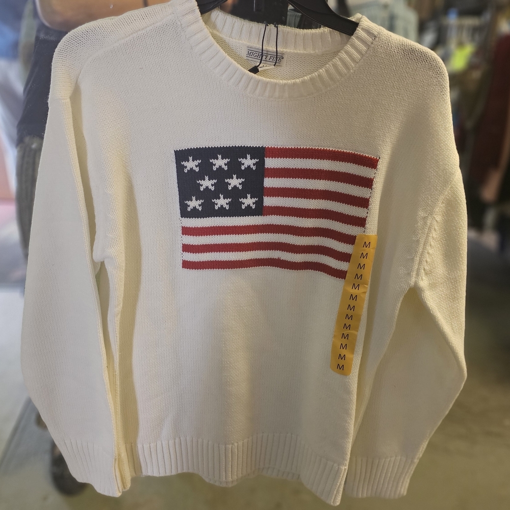 Mighty Fine White Crewneck Sweater with Flag Design